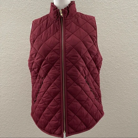 J Crew Ruffle Dark Red Wine Bergundy Quilted Puffer Vest Jacket Medium NEW - Picture 4 of 11